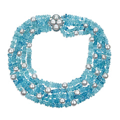 Fresh Water Pearls and Aquamarine Beads Multi Strand Necklace