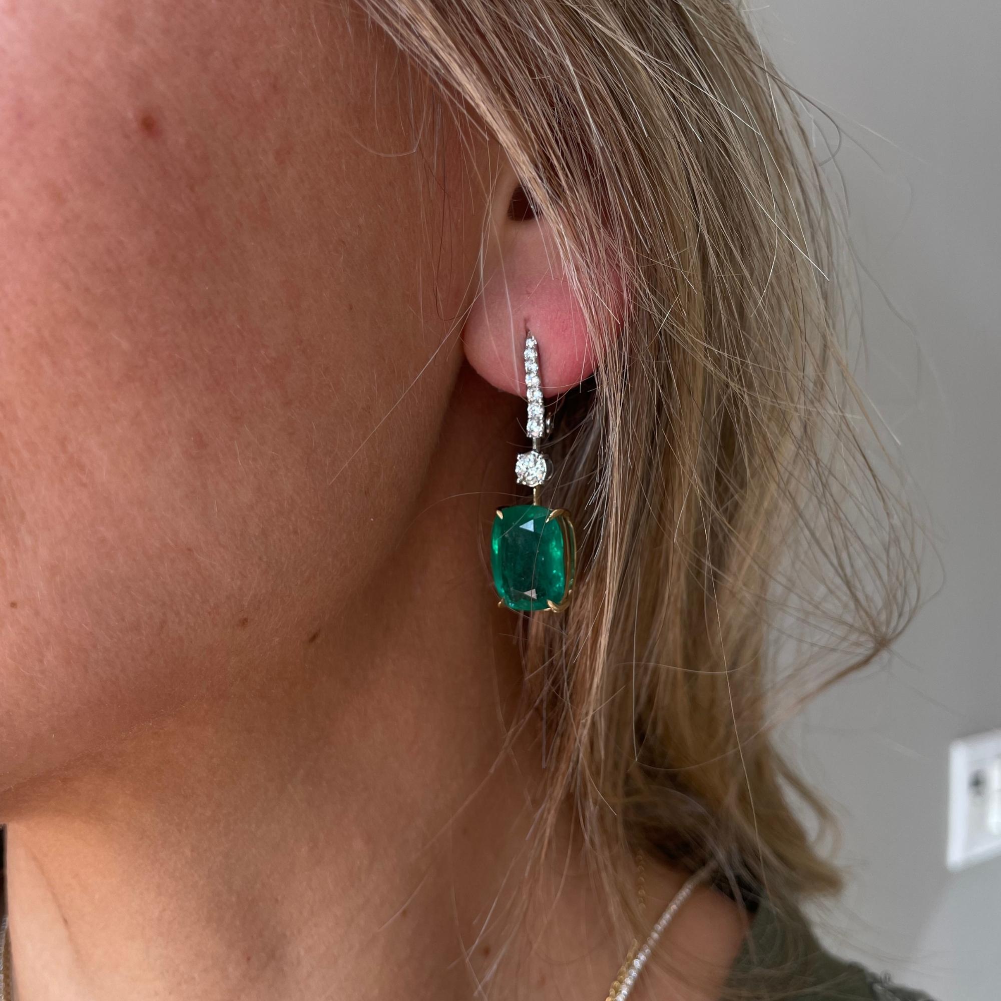 Cushion Cut Emerald and Diamond Earrings