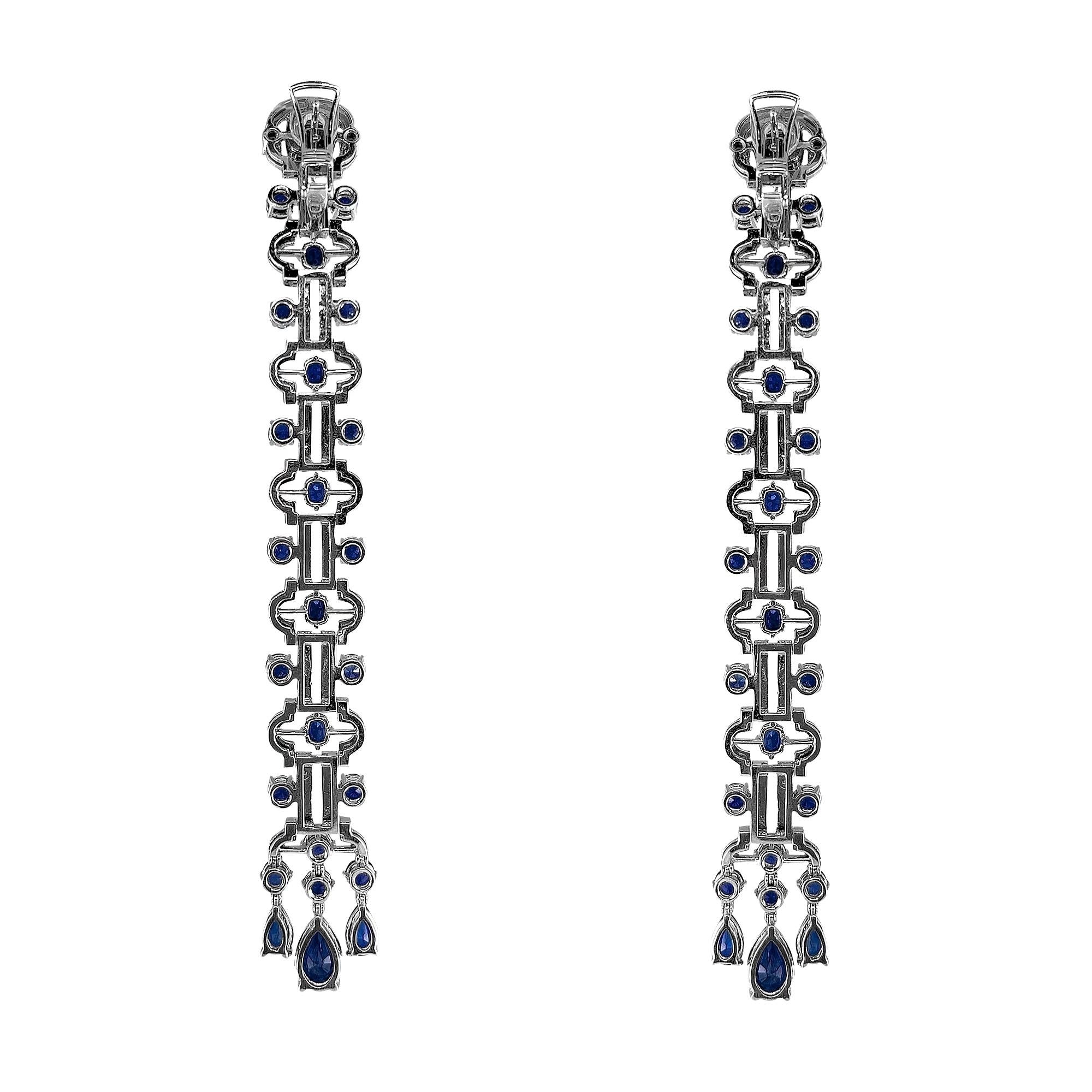 Odeon Long Drop Sapphire and Diamond Earrings