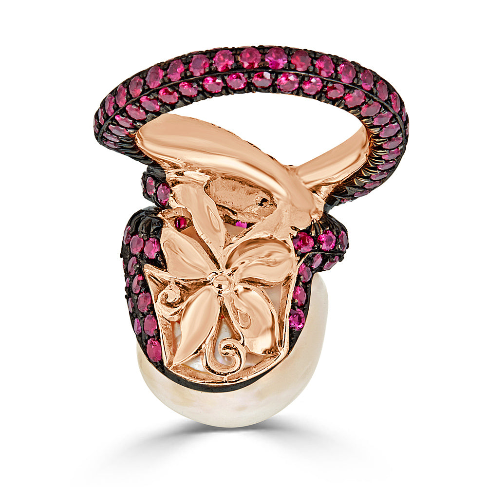 Rubies and Baroque Pearl Ring