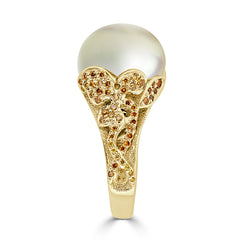 Yellow Gold and South Sea Pearl Ring with Fancy Yellow Diamonds