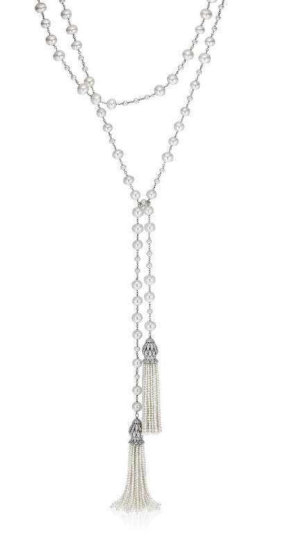 Pearl Tassel Necklace with Diamonds