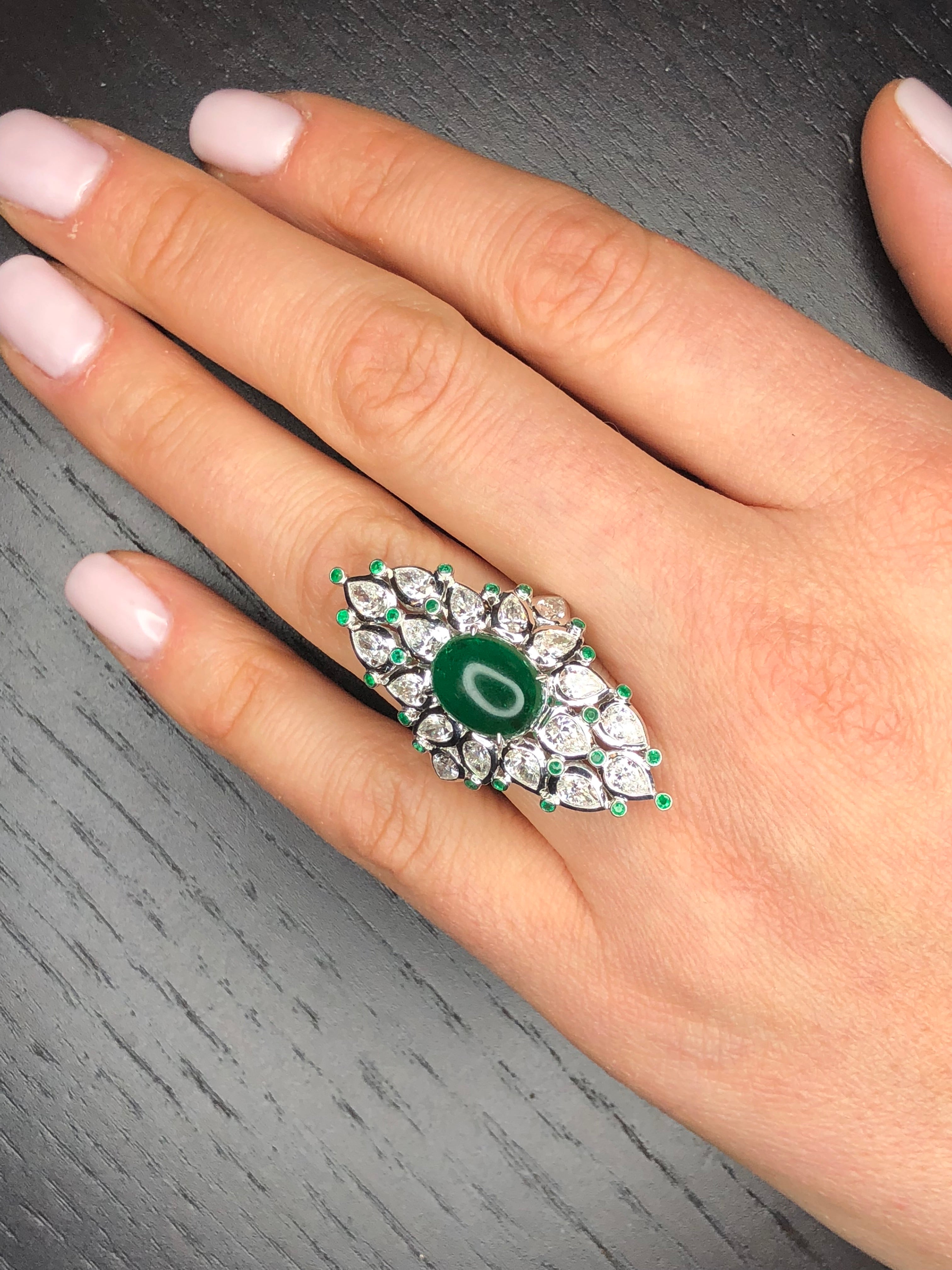 Cabochon Emerald and Pear Shaped Diamond Ring Secondary image
